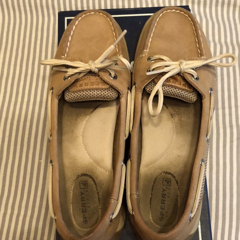 Sperry “laguna linen” boat shoes in tan leather and cloth, size 7.5